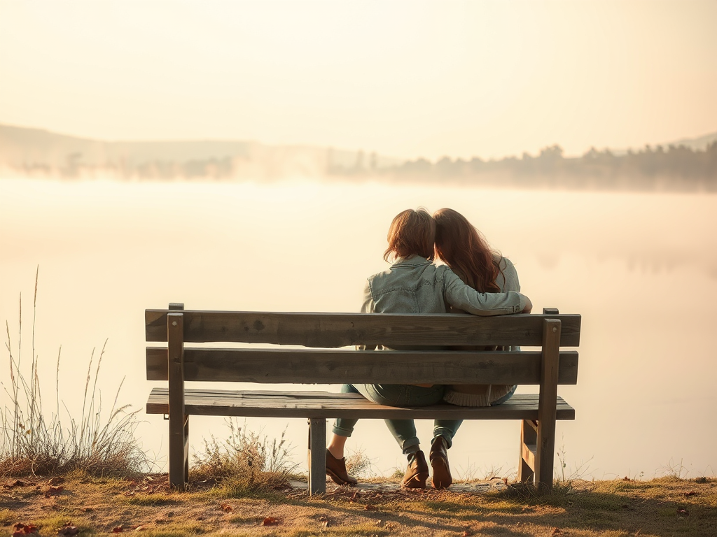 Two people seated close on a bench beside a calm misty lake at golden hour
