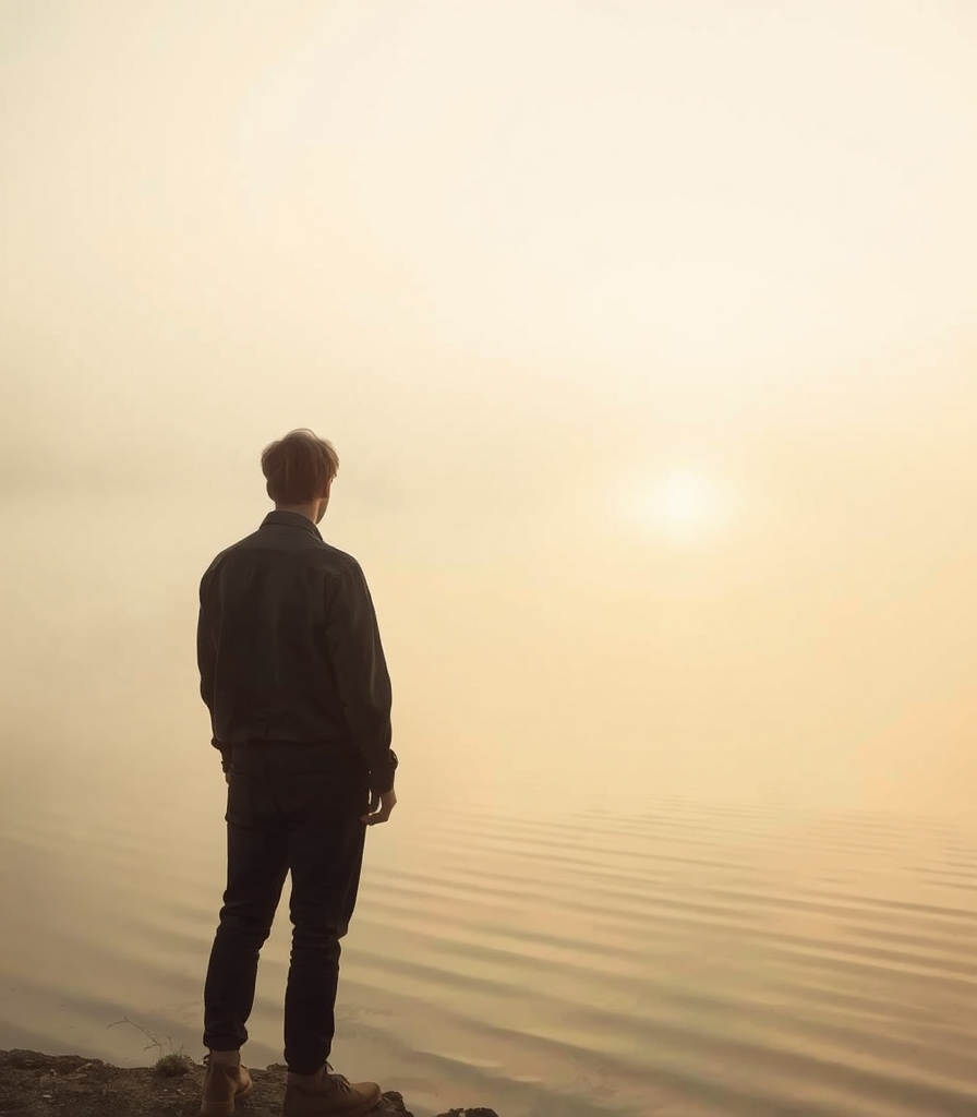 A person standing at the edge of a still misty lake at dawn, facing soft golden light over the water